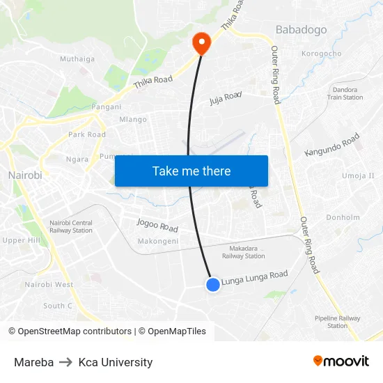 Mareba to Kca University map
