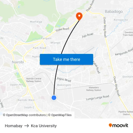 Homabay to Kca University map