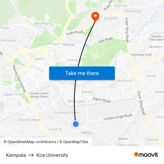 Kampala to Kca University map