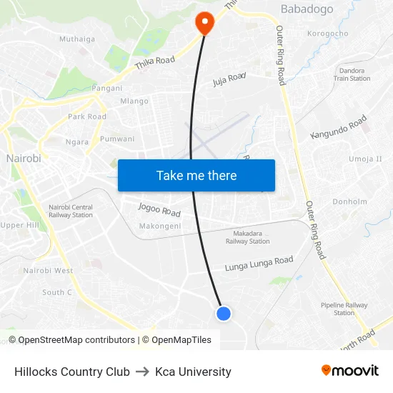Hillocks Country Club to Kca University map