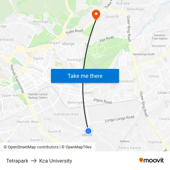 Tetrapark to Kca University map