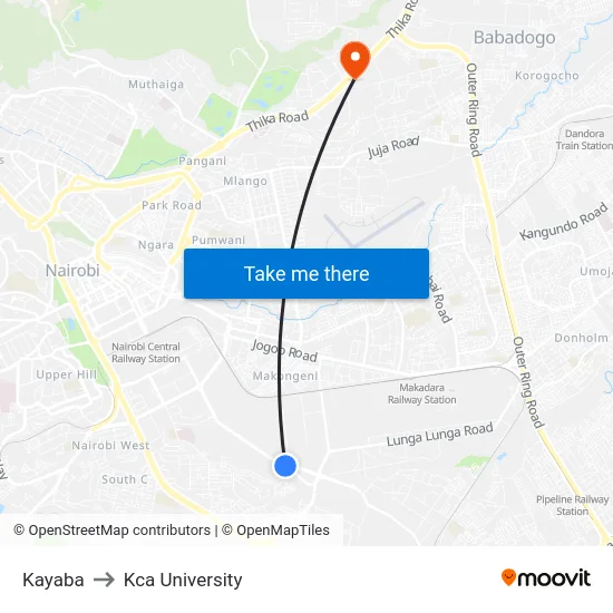 Kayaba to Kca University map