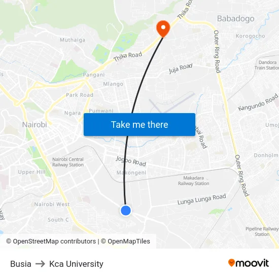 Busia to Kca University map