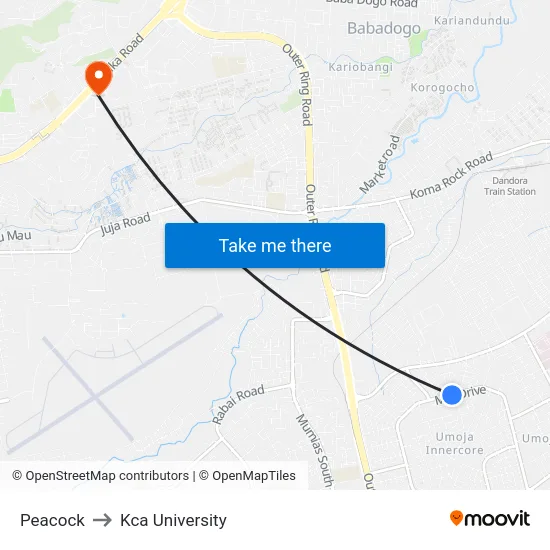 Peacock to Kca University map