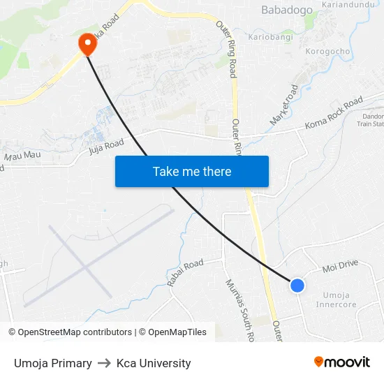 Umoja Primary to Kca University map