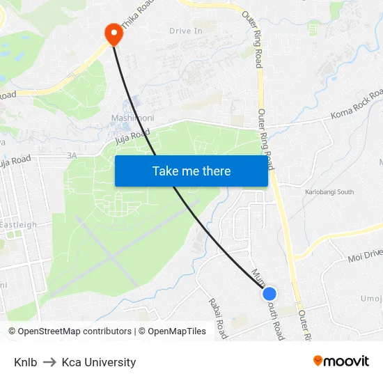 Knlb to Kca University map
