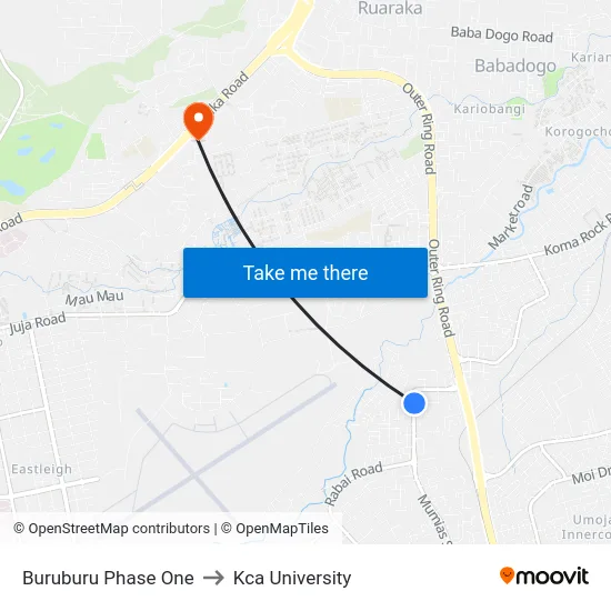 Buruburu Phase One to Kca University map