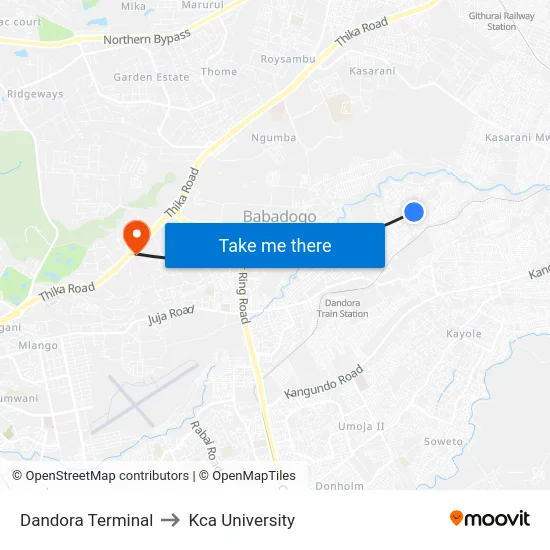 Dandora Terminal to Kca University map