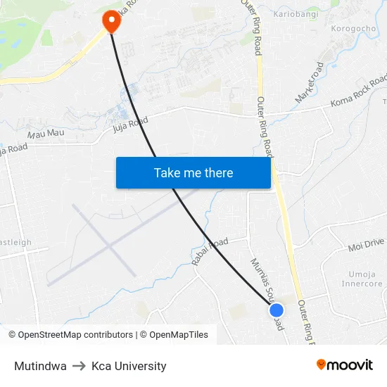 Mutindwa to Kca University map