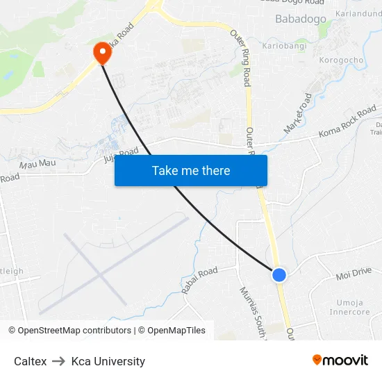 Caltex to Kca University map