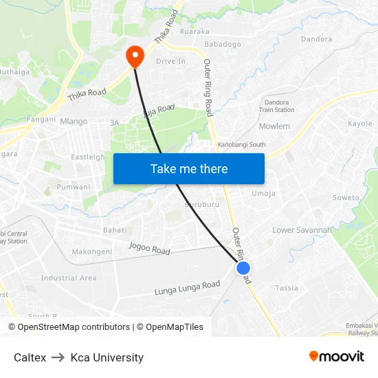Caltex to Kca University map