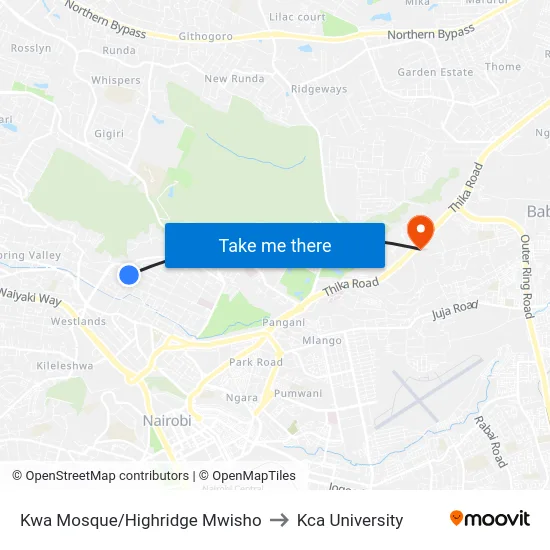 Kwa Mosque/Highridge Mwisho to Kca University map