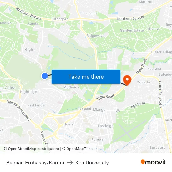 Belgian Embassy/Karura to Kca University map