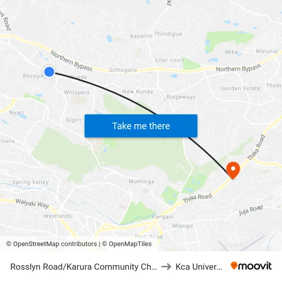 Rosslyn Road/Karura Community Chapel to Kca University map