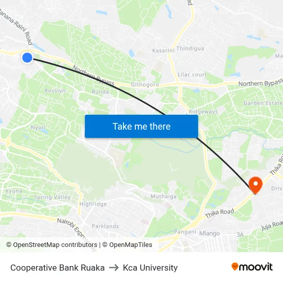 Cooperative Bank Ruaka to Kca University map