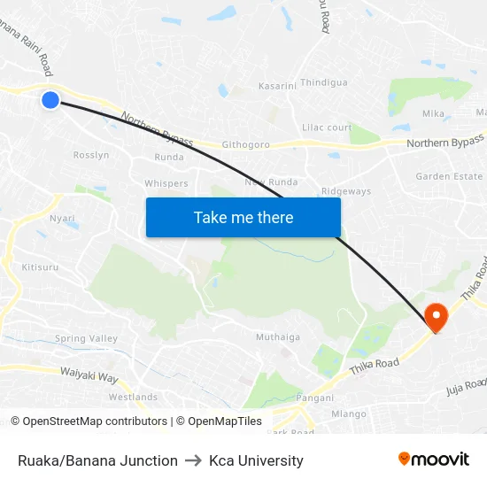 Ruaka/Banana Junction to Kca University map