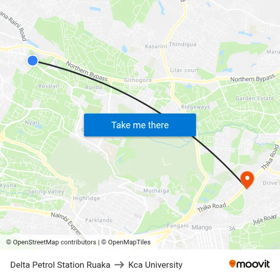 Delta Petrol Station Ruaka to Kca University map