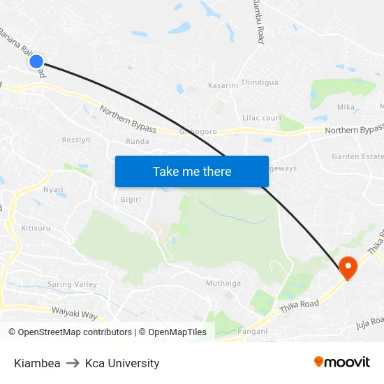 Kiambea to Kca University map