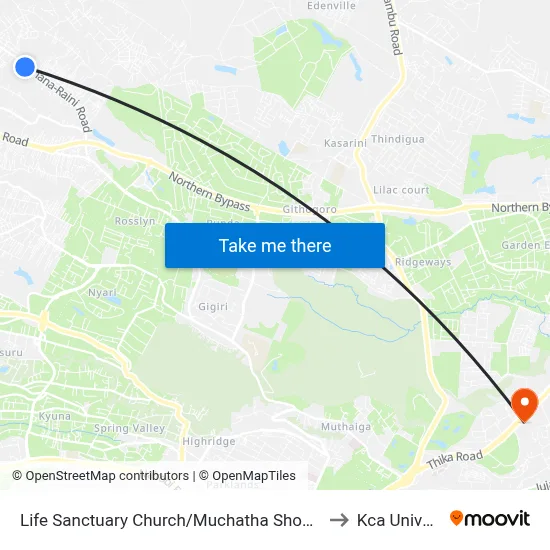 Life Sanctuary Church/Muchatha Shopping Centre to Kca University map