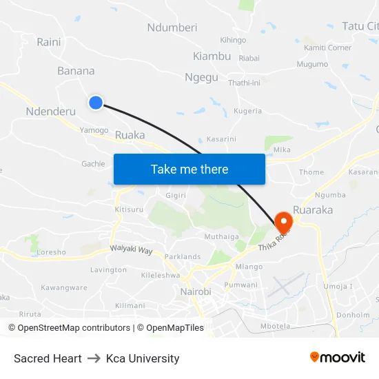 Sacred Heart to Kca University map