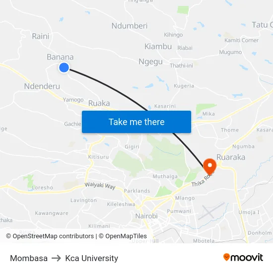 Mombasa to Kca University map