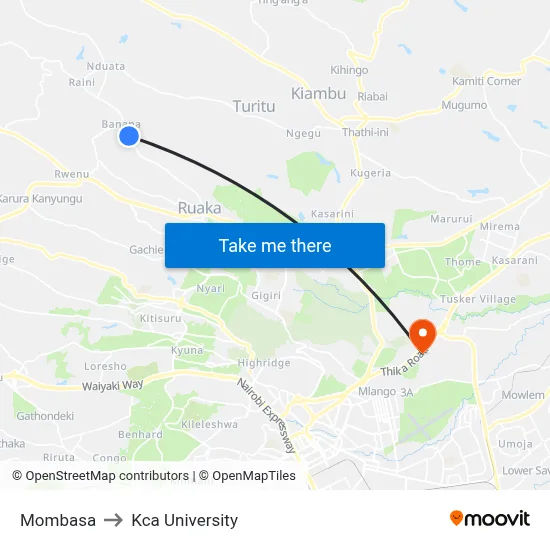 Mombasa to Kca University map