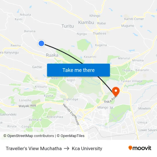 Traveller's View Muchatha to Kca University map