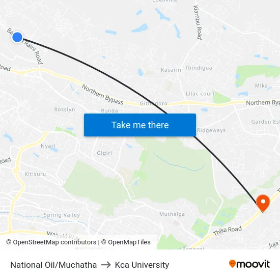 National Oil/Muchatha to Kca University map
