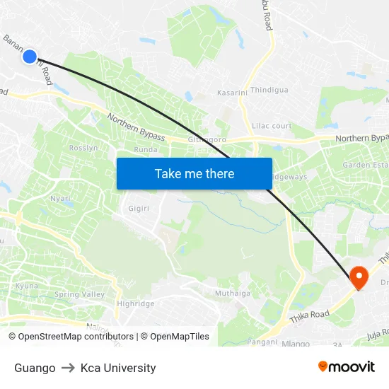 Guango to Kca University map