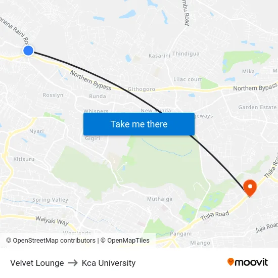 Velvet Lounge to Kca University map