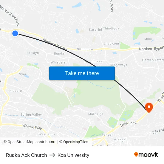 Ruaka Ack Church to Kca University map