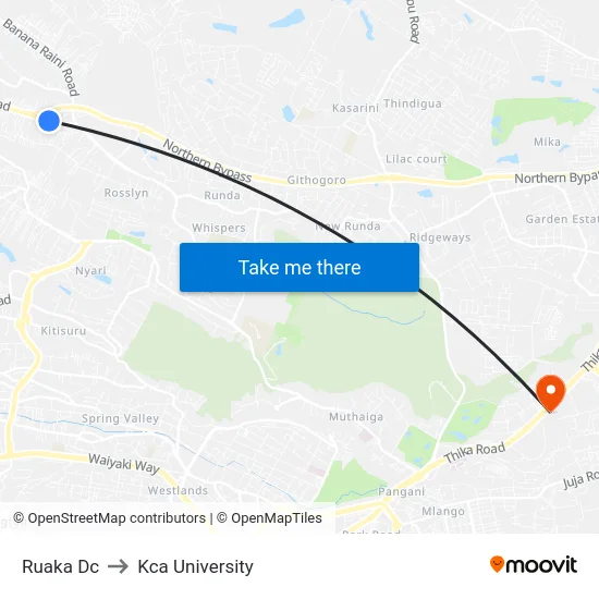 Ruaka Dc to Kca University map