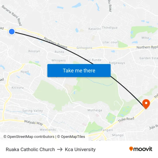 Ruaka Catholic Church to Kca University map