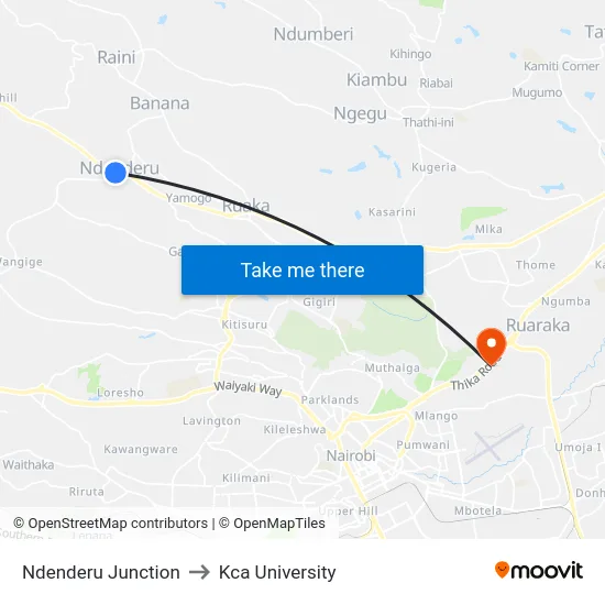 Ndenderu Junction to Kca University map