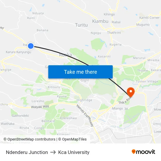 Ndenderu Junction to Kca University map