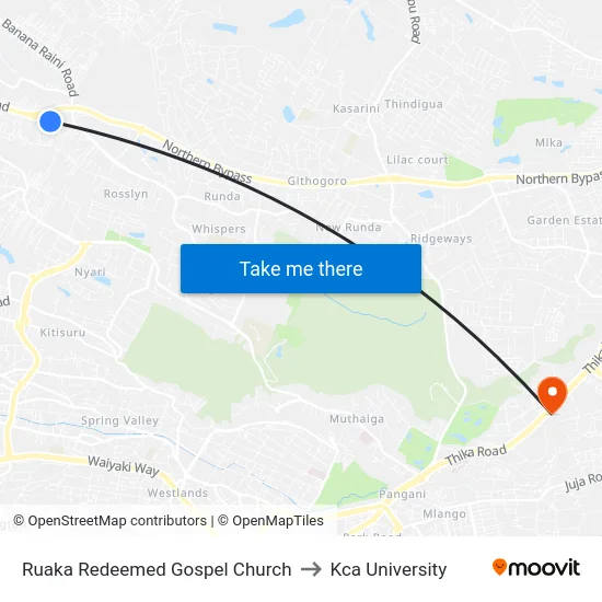 Ruaka Redeemed Gospel Church to Kca University map