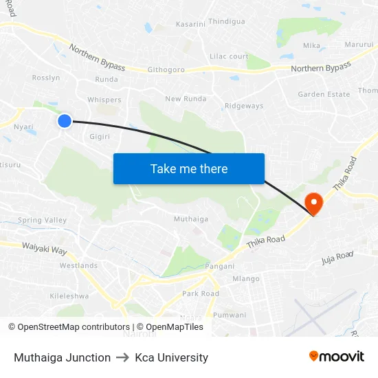 Muthaiga Junction to Kca University map