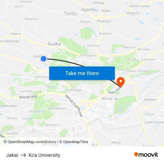 Jakai to Kca University map