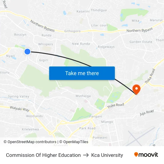 Commission Of Higher Education to Kca University map