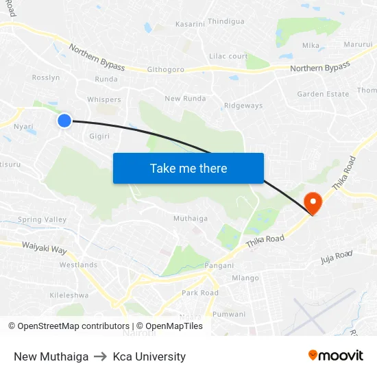 New Muthaiga to Kca University map