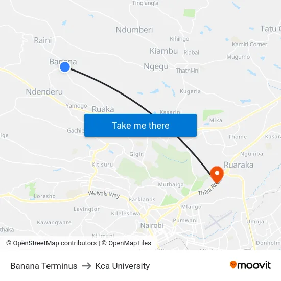 Banana Terminus to Kca University map