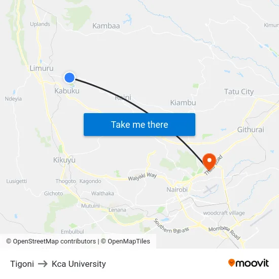 Tigoni to Kca University map