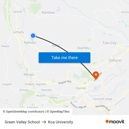 Green Valley School to Kca University map