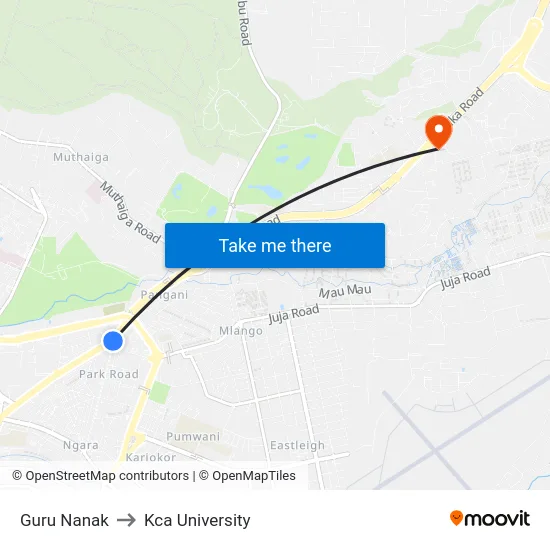 Guru Nanak to Kca University map