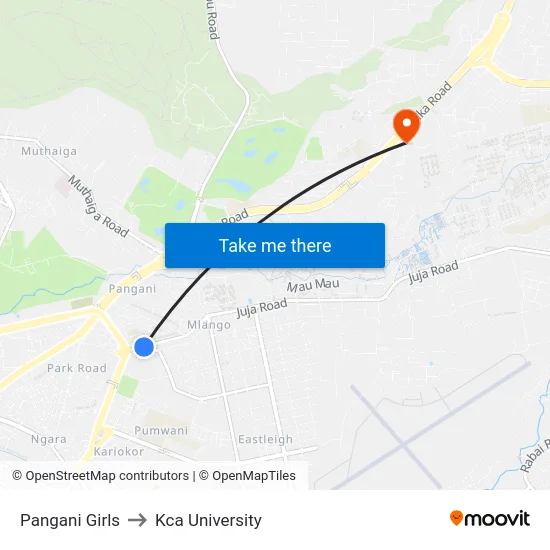 Pangani Girls to Kca University map