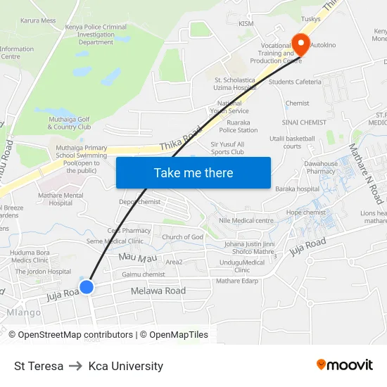 St Teresa to Kca University map