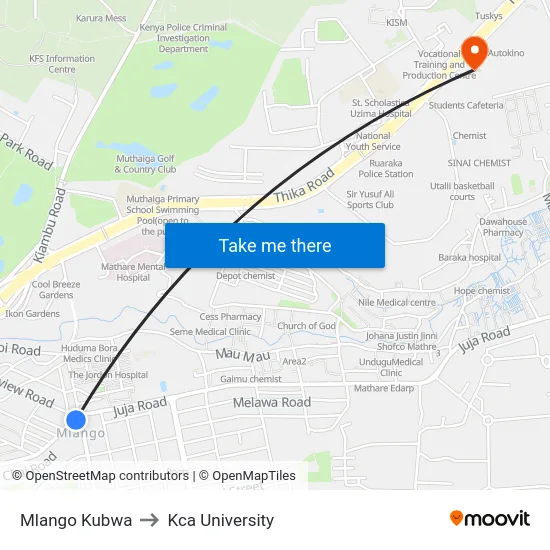 Mlango Kubwa to Kca University map