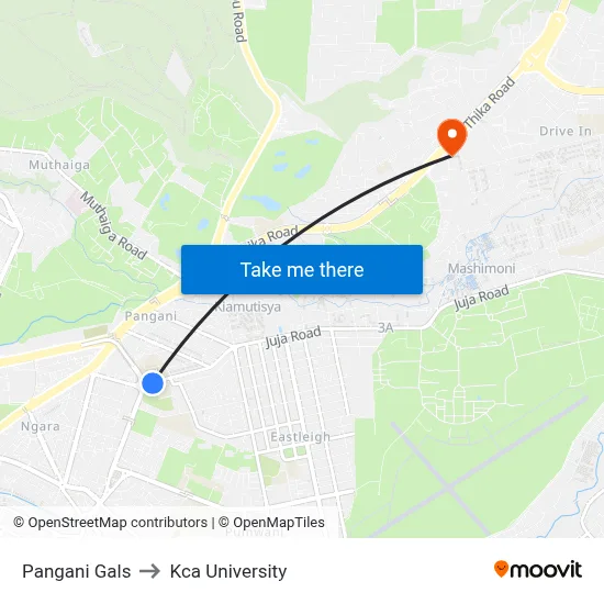 Pangani Gals to Kca University map