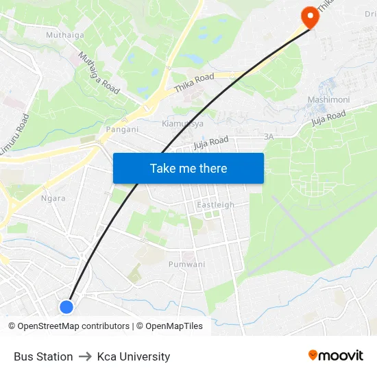 Bus Station to Kca University map