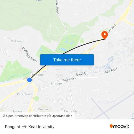 Pangani to Kca University map